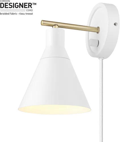 Vista 11 de Globe Electric 65542 - Candelabro de pared de 1 luz con enchufe o cableado, blanco mate, acento en latón, interruptor giratorio de atenuación sin