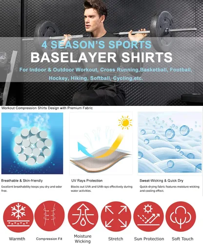 Vista 5 de Men's Compression Shirts Long Sleeve, Active Workout Running T-Shirt Top Cool Dry Lightweight Sports Base-Layer 3 Pack