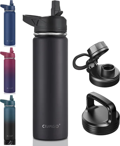 Vista 19 de CIVAGO Botella de agua aislada de 22 onzas con pajita, frasco de agua deportiva de acero inoxidable con 3 tapas