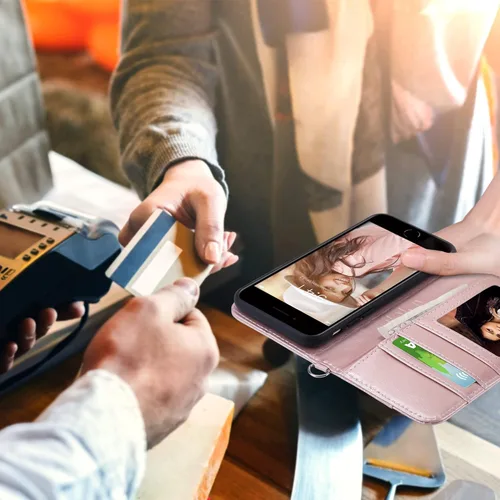 Vista 6 de ULAK Funda tipo cartera para iPhone SE (2022)/SE (2020)/8/7, tarjetero con Brillo