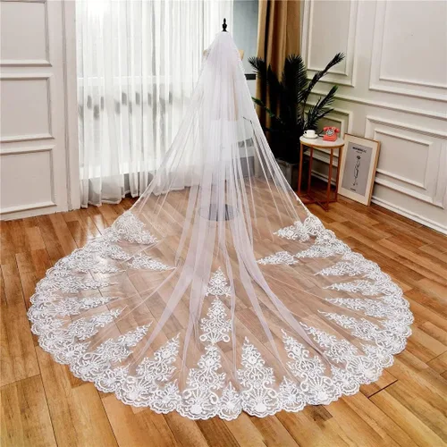 Vista 2 de Zhangyo Velo de novia de tul suave con peine de encaje largo velo catedral nupcial 9.8 ft gota velo pelo peine para novias CXL062