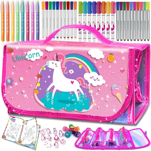 Vista 11 de weirtoya 56 marcadores perfumados lavables con estuche con purpurina, arte y manualidades de unicornio de sirena para niños de 4 a 8 años, kits