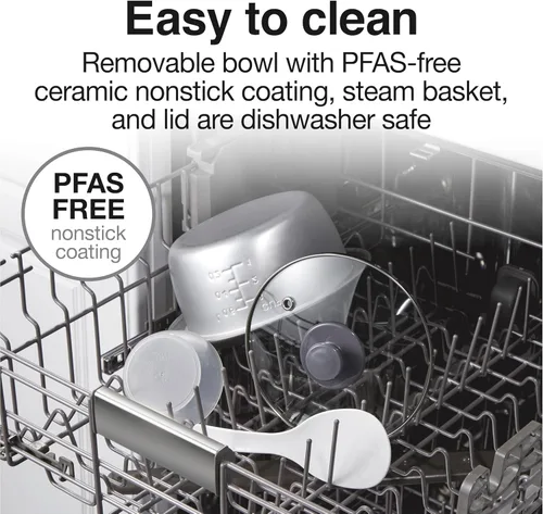 Vista 6 de Proctor Silex - Arrocera y vaporizador de alimentos, 6 tazas cocinadas (3 tazas sin cocinar), incluye cesta de vapor y enjuague, negro (37510)