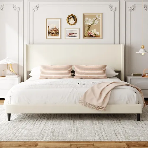 Vista 12 de Sismplly Base de cama matrimonial con cabecera con respaldo de ala, cama de plataforma tapizada de terciopelo, listones de madera fuertes, Beige