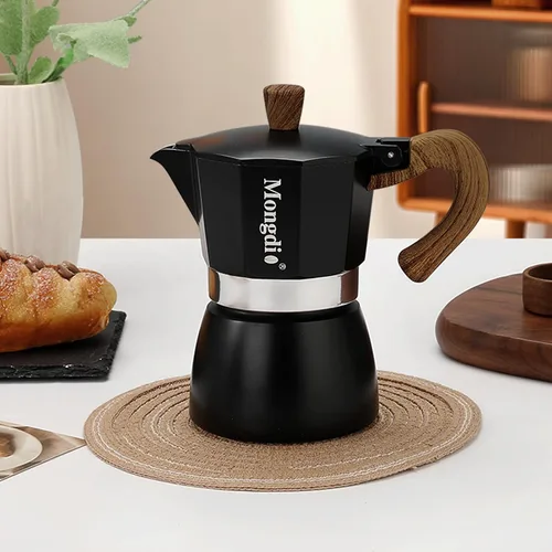 Vista 7 de Mongdio Cafetera de café expreso Moka Pot, cafetera cubana, cafetera de estufa Moka Italian Espresso Greca, cafetera percoladora, 3 tazas de Negro