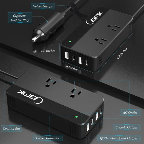 Vista 2 de BMK Inversor de corriente para auto, 200 vatios, corriente continua, 12 a 110 voltios corriente alterna, 4 puertos USB, adaptador de cargador