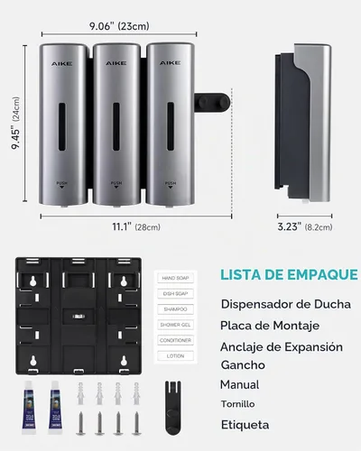 Vista 9 de AIKE Dispensador de champú y acondicionador de ducha de 3 cámaras para baño Plata