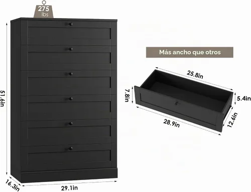 Vista 3 de Hostack - Cómoda de 6 cajones para dormitorio, cómoda de 52" de alto y cómoda de cajones, cómoda de cajones de madera de 29" de ancho, gabinete