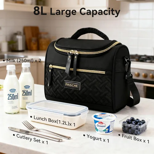 Vista 5 de Lonchera para mujer, reutilizable, aislada, con correa de hombro ajustable y bolsillo frontal, a prueba de fugas, térmicas, a prueba de fugas, Negro