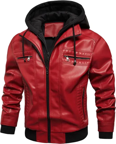 Vista 8 de INVACHI Men's Faux Leather Jacket, Motorcycle Bomber with Removable Hood Un negro