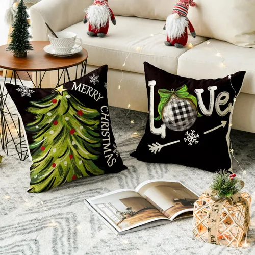 Vista 4 de AVOIN colorlife - Juego de 4 fundas de cojín con diseño de muñeco de nieve, árbol de Navidad y texto "Merry Christmas, Let It Snow, Love" en negro
