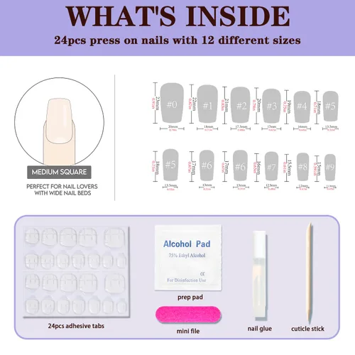 Vista 5 de Uñas postizas a presión extra cortas de color rojo cereza, uñas postizas cuadradas medianas, kit de pegamento reutilizable con pestañas adhesivas