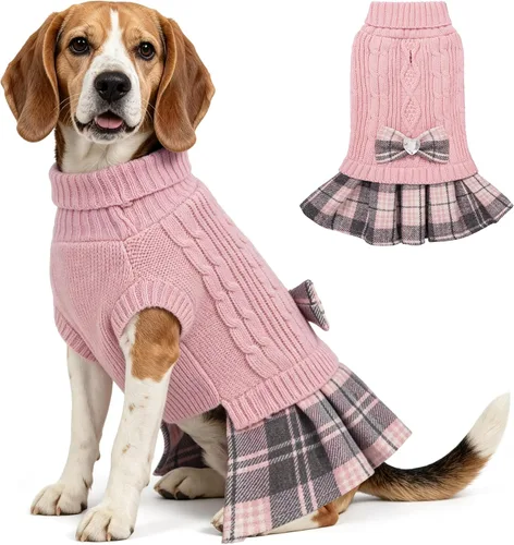 Vista 21 de YUDODO Small Dog Sweater Dress with Bowtie Turtleneck - Knitted Pet Clothes Dusty Pink