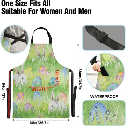 Vista 3 de Delantal con diseño de huevos de conejo de Pascua en acuarela para mujeres y hombres, delantal de cocina con cuello ajustable y bolsillos grandes