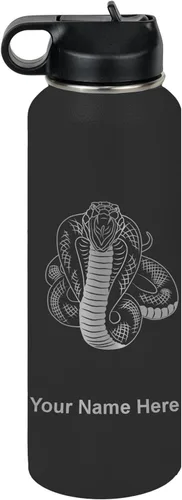 Vista 21 de LaserGram Botella de agua personalizada, serpiente de cobra, acero inoxidable de doble pared aislada al vacío con popote superior, regalo grabado