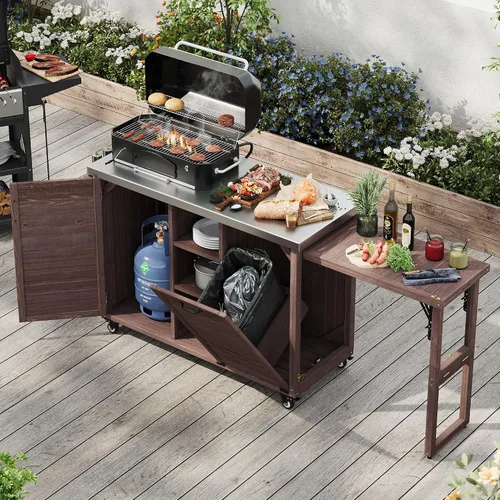 Vista 18 de JIVOIT Isla de cocina al aire libre de 78.3 pulgadas con mesa plegable, carrito de madera para exteriores con almacenamiento de basura y parte