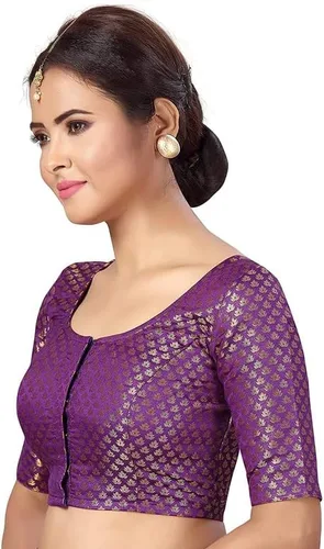 Vista 2 de Mujeres partido desgaste Bollywood poliéster brocado Readymade estilo sari blusa codo mangas