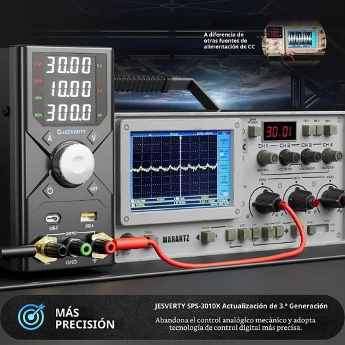 Vista 4 de Fuente de alimentación de CC variable, 0-30 V 0-10 A, conmutación ajustable, fuente de alimentación de banco regulada de CC con carga rápida USB
