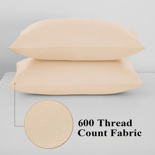 Vista 5 de Juego de 2 protectores de almohada 100% algodón egipcio, 600 hilos tamaño estándar con cremallera, fundas refrescantes de tejido satinado, Beige