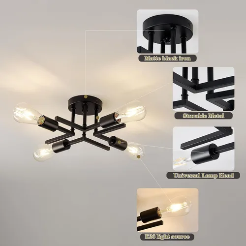 Vista 3 de Accesorio de Lámpara de Techo Industrial Semiempotrada de 4 Luces, Candelabro Sputnik Moderno de Metal Negro con Base de Bombilla E26, Luz Pegada al