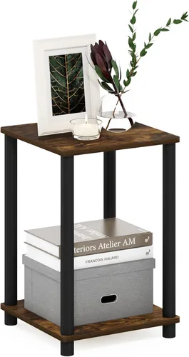 Vista 18 de Furinno Claude Mesa Auxiliar, Mesa Lateral de Mediados de Siglo con Estación de Carga, Mesita de Noche con Patas de Madera, Mesa de Cabecera