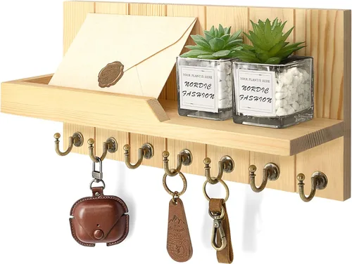 Vista 21 de Rebee Vision Soporte de Pared para Llaves de Madera de Acacia – Soporte para Llaves Estilo Granja para Pared y Organizador de Correo con Estante