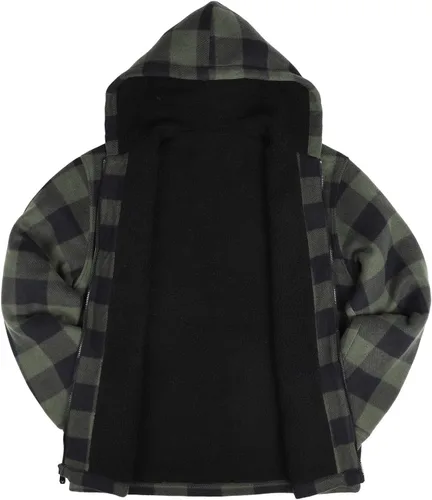 Vista 5 de Chaqueta de franela a cuadros para hombre, de felpa con capucha, de sherpa con zíper, pesada y gruesa, cálida para invierno.