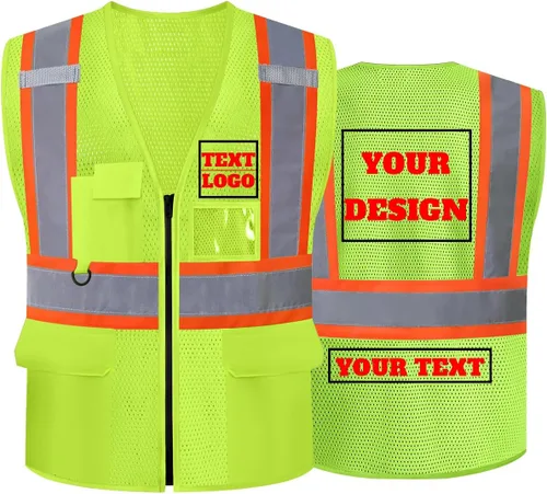 Vista 21 de Chaleco de seguridad reflectante de malla con logotipo personalizado Clase 2 con 5 bolsillos y cremallera