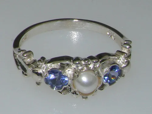 Vista 5 de Anillo de plata de ley 925 con perlas cultivadas y tanzanita para mujer