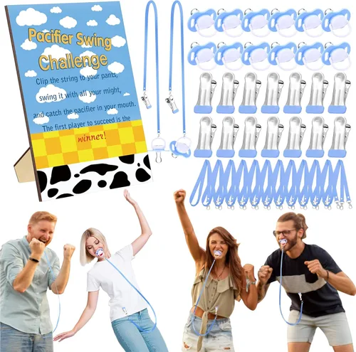 Vista 14 de Geelin Juego de 12 juegos de chupete con columpio para baby shower, juegos divertidos de revelación de género, incluye 1 letrero de madera y 12