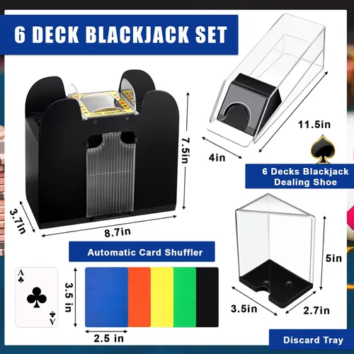 Vista 4 de Aoriher Juego de Casino de Blackjack, incluye 300 fichas de póquer, fieltro de casino, 1 barajador automático de cartas, zapato repartidor de 6