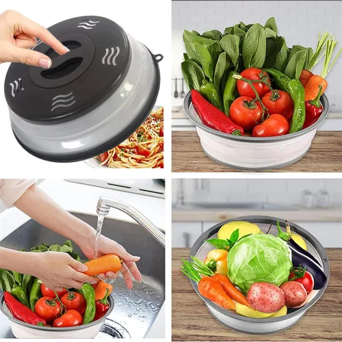 Vista 5 de Tapa para microondas con ventilación contra salpicaduras para alimentos, protector contra salpicaduras y colador, utensilio de cocina para frutas