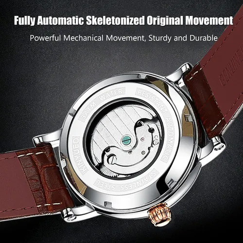 Vista 4 de RORIOS Reloj mecánico de fase lunar para hombre, con correa de cuero, automático de cuerda automática, Tourbillon, reloj de vestir de negocios