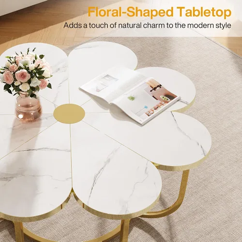 Vista 7 de Tribesigns Mesa de centro blanca y dorada, moderna mesa de centro en forma de flor con mesa de mármol sintético, mesa central floral de 39.37