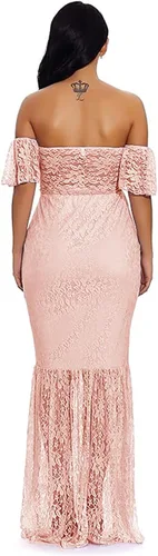 Vista 5 de ZIUMUDY Vestido de maternidad con hombros descubiertos y mangas de encaje con volantes estilo sirena para mujer, ideal para sesiones de fotos y baby