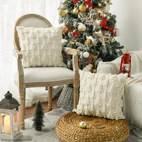 Vista 2 de AVOIN colorlife - Juego de 2 fundas de cojín de árbol de Navidad color beige, de 16 x 16 pulgadas, de felpa suave y pelo sintético, para sofá