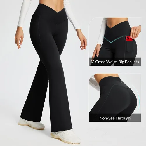 Vista 3 de BALEAF Leggings acampanados para mujer, pantalones de yoga cruzados a la moda, cintura alta, casuales, con bolsillos