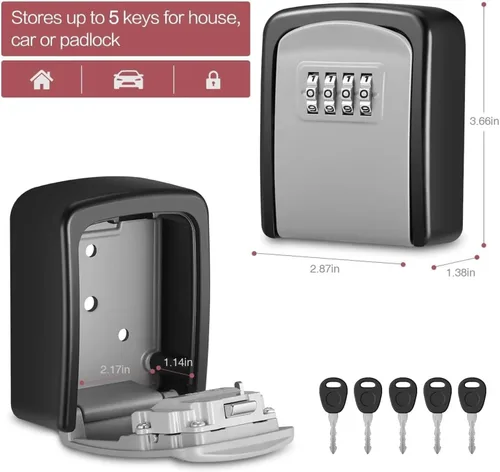 Vista 2 de Caja de bloqueo de llave reiniciable de 4 dígitos, aleación de zinc antirrobo para montaje en pared, segura, resistente a la intemperie, a prueba