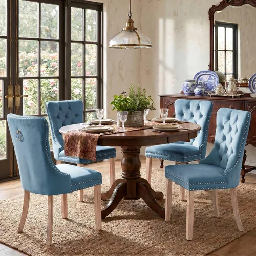 Vista 67 de SoarFlash Juego de 2 sillas de comedor de terciopelo, silla lateral de respaldo alto, silla lateral moderna tapizada de alta gama con botones Beige