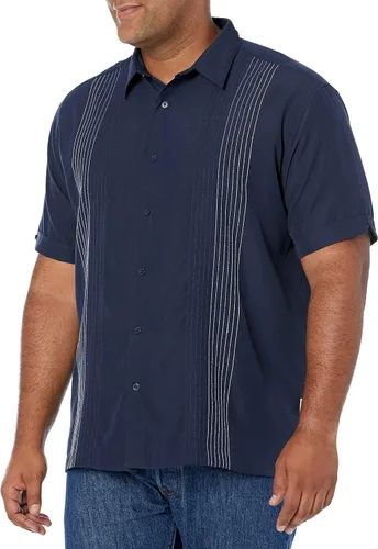 Vista 8 de Cubavera Camisa de manga corta con botones para hombre, diseño a rayas, cuello de punto, suave al tacto Negro