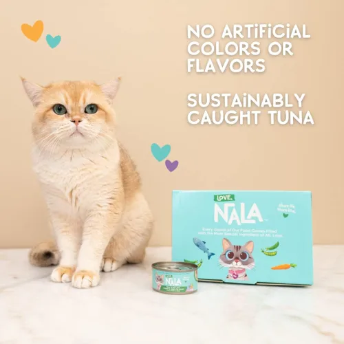 Vista 6 de LOVE, NALA - Comida húmeda natural para gatos adultos - Atún en copos con zanahoria y guisantes verdes en caldo - Sin granos, sin OMG, proteína