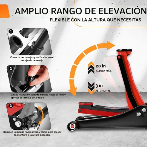 Vista 4 de Auto Dynasty Gato de piso de perfil bajo de 3 toneladas, gato hidráulico de acero resistente para automóvil con bomba de elevación rápida de Negro