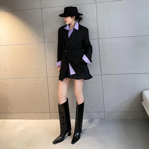 Vista 6 de Vertundy Botas altas hasta la rodilla para mujer, botas largas plegables, botas altas gruesas de pantorrilla ancha, botas altas con punta cuadrada