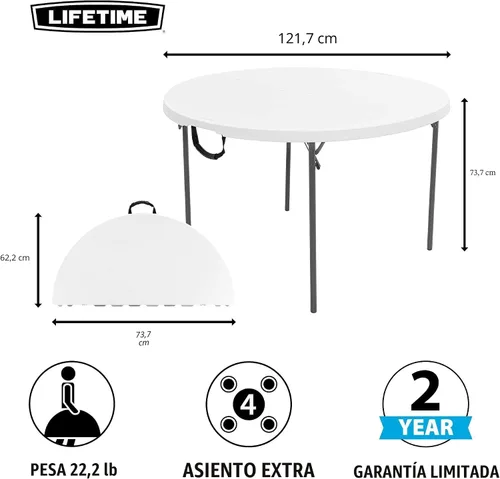 Vista 3 de Lifetime 280064 mesa redonda se dobla en dos, 4 pies, color blanco granito