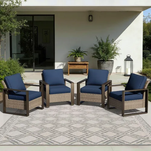 Vista 74 de Joyside - Sofá de mimbre para patio al aire libre, sofá de ratán de 3 plazas con cojines gruesos de olefina y reposabrazos rectangular con marco