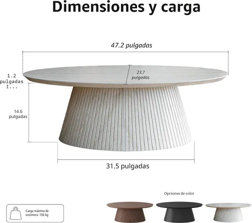 Vista 2 de win2win Mesa auxiliar ovalada, moderna mesa de centro de piedra sintética con diseño estriado, mesa central de travertino con base cónica, mesa