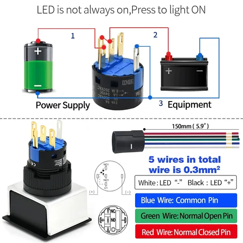 Vista 4 de Interruptor de botón cuadrado 21 * 21 mm 0,83" agujero de montaje cuadrado UL Certificado con luz azul 24 V 1NO 1NC SPDT ENCENDIDO/APAGADO