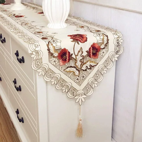 Vista 8 de Arzoe Camino de mesa de encaje con flores europeas vintage, corredores elegantes, decoración de mesa de armario y comedor (borgoña, 16×59 pulgadas)