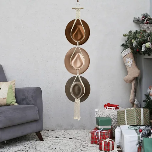 Vista 7 de Besoamo Perchas bohemias para sombreros, organizador de sombreros para pared, macramé para colgar en la pared, tejido a mano, organizador decorativo
