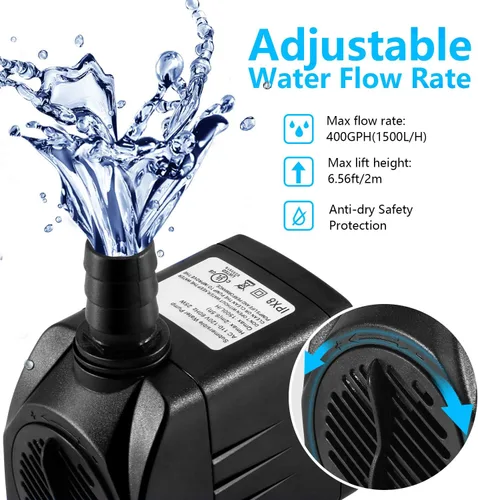 Vista 4 de CWKJ Bomba de fuente, 2 paquetes de bomba de agua sumergible de 400 GPH(25 W 1500 L/H), bomba de agua duradera para fuente al aire libre con tubo